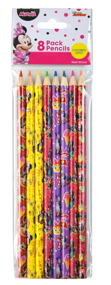 Set of 8 colorful wooden pencils featuring Minnie Mouse and floral patterns in yellow, purple, and pink designs.