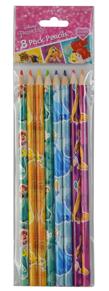 Set of 8 Disney Princess colored pencils with assorted bright shades in plastic packaging.