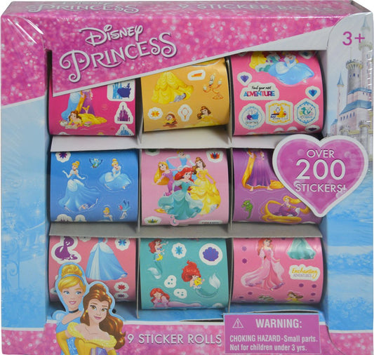Box of nine colorful Disney Princess-themed sticker rolls featuring pink, blue, yellow, and purple backgrounds with princess