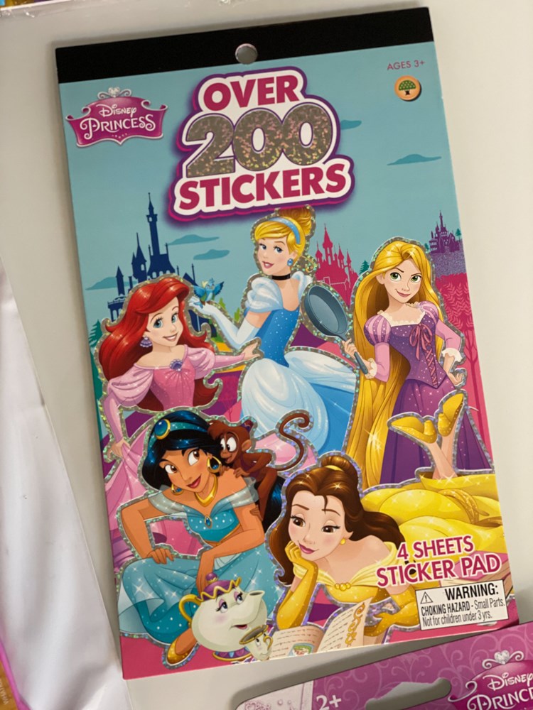 Disney Princess sticker pad with Ariel, Cinderella, Rapunzel, Jasmine, and Belle on a blue background, labeled over 200.