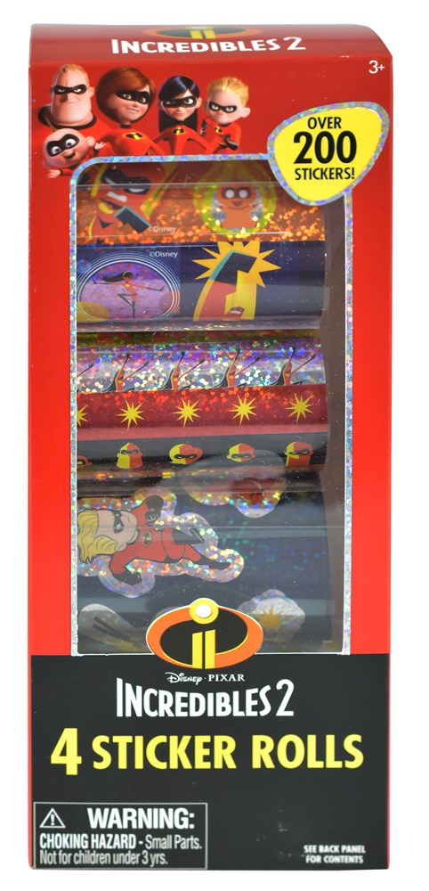 Four sheets of colorful Incredibles 2-themed stickers featuring characters and logos in red, orange, and black colors.