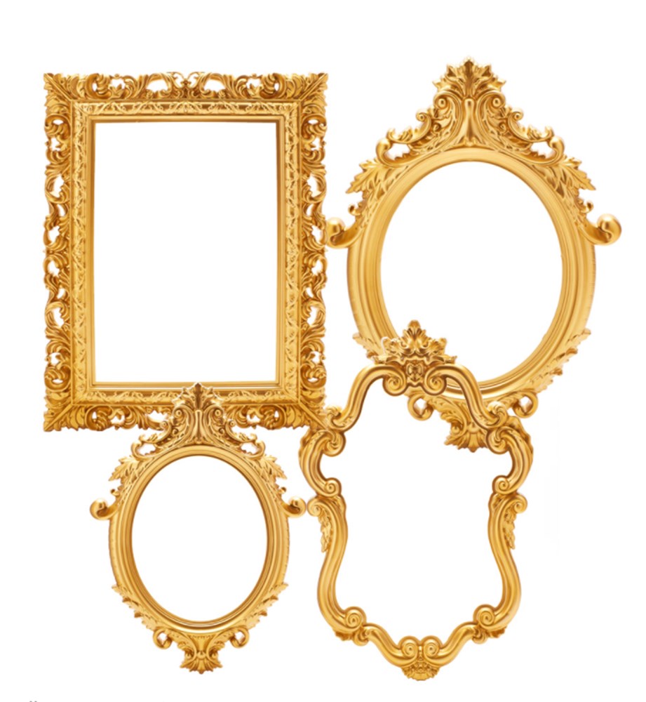 Set of four ornate gold plastic picture frames in various shapes including rectangle, oval, and two decorative silhouettes.