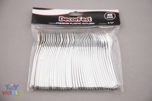 Pack of 40 shiny silver-plated dessert spoons with rounded handles in clear plastic bag.