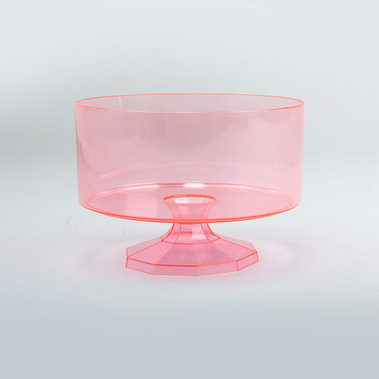 Pink translucent plastic trifle container with wide bowl and pedestal base.