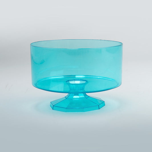 Turquoise translucent plastic trifle bowl with round shape and pedestal base, 4.5 inches tall.