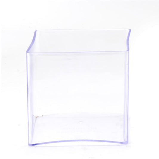 Clear plastic square container with smooth sides and open top, 7 inches wide.