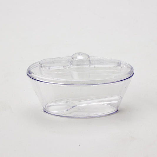 Clear plastic dessert cup with matching lid and spoon, 4oz capacity, round shape.