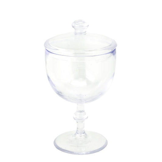 Clear plastic candy jar with a round lid and pedestal base.