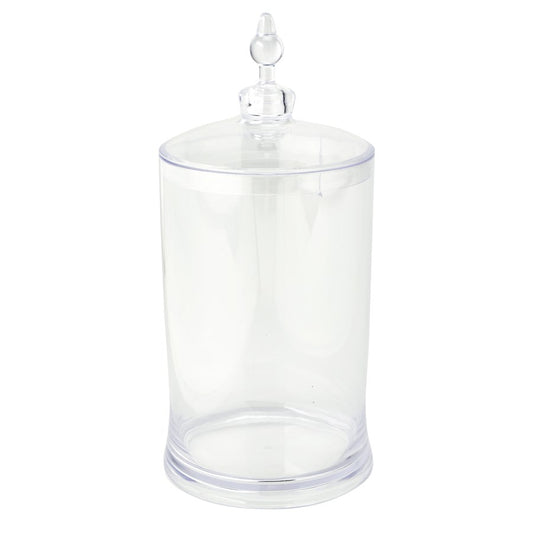 Clear cylindrical plastic candy jar with a round base and decorative lid knob.
