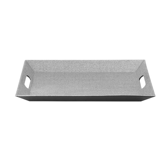 Silver rectangular plastic plate with glitter finish, 13 inches long with built-in handles on both ends.