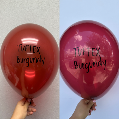 Two 5-inch glossy burgundy latex balloons, each displaying "TUFtEX Burgundy" text in black.