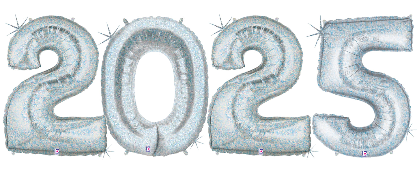 Silver holographic foil balloons shaped as the numbers 2, 0, 2, and 5, each 34 inches tall.