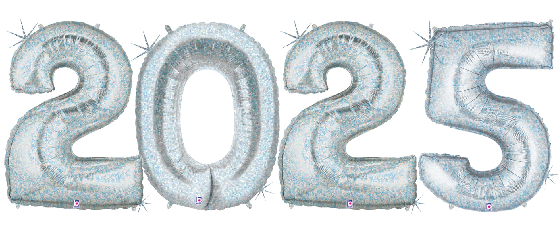 Silver holographic foil balloons shaped as the numbers 2, 0, 2, and 5, each 34 inches tall.