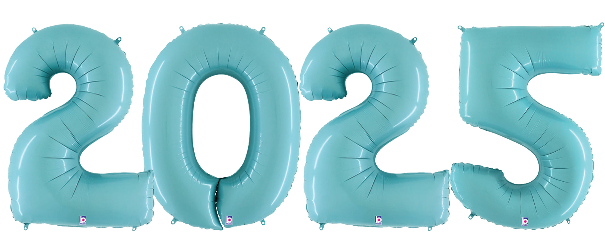 Pastel blue foil balloons shaped as the numbers 2, 0, 2, and 5 with a shiny, smooth surface.