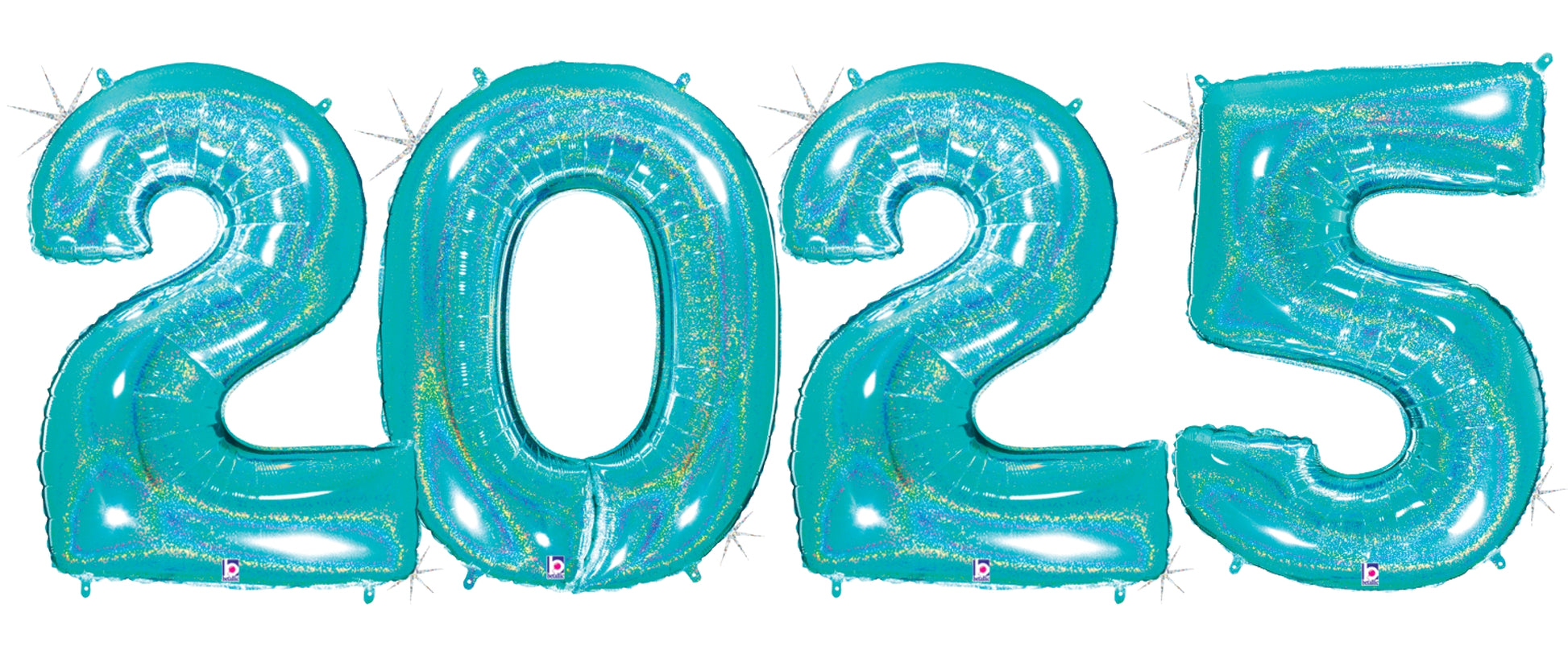 Set of four large metallic balloons in robin’s egg blue shaped as numbers 2, 0, 2, 5 with a shiny finish.