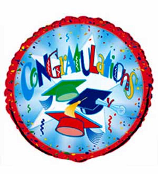 Round foil balloon with red border, blue background, colorful "Congratulations" text, and graduation caps.