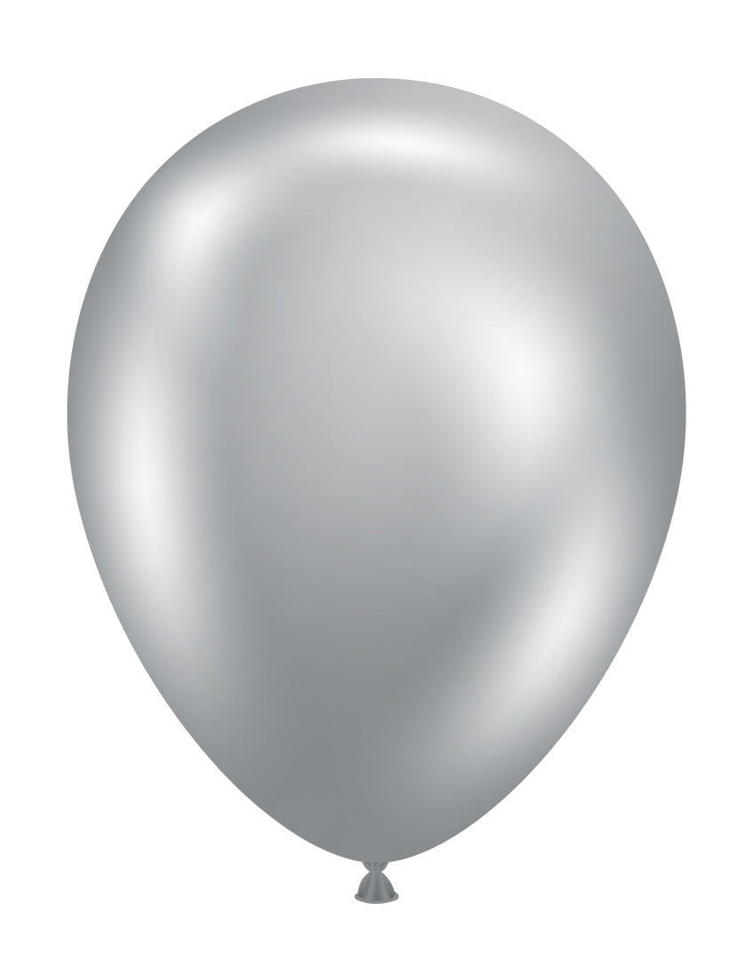 Shiny silvery latex balloon, 5-inch round shape, smooth surface, inflated.