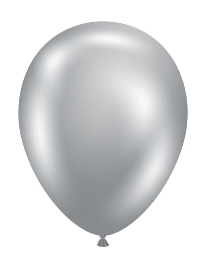 Shiny silvery latex balloon, 5-inch round shape, smooth surface, inflated.