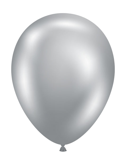 Shiny silvery latex balloon, 5-inch round shape, smooth surface, inflated.