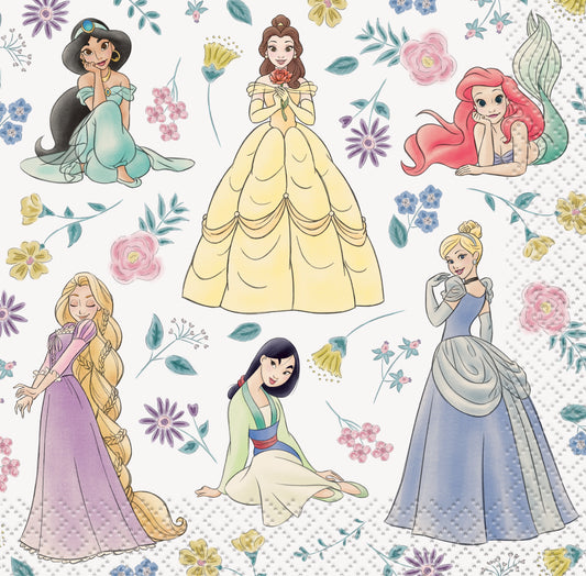 Square beverage napkins featuring colorful Disney Princesses including Jasmine, Belle, Ariel, Rapunzel, Mulan, and.