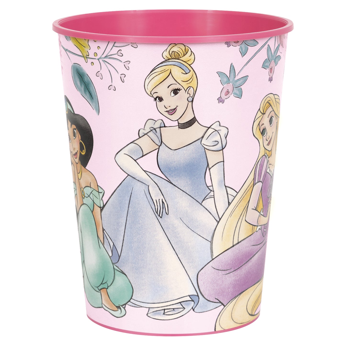Pink plastic cup featuring colorful illustrations of Disney princesses Cinderella, Jasmine, and Rapunzel.