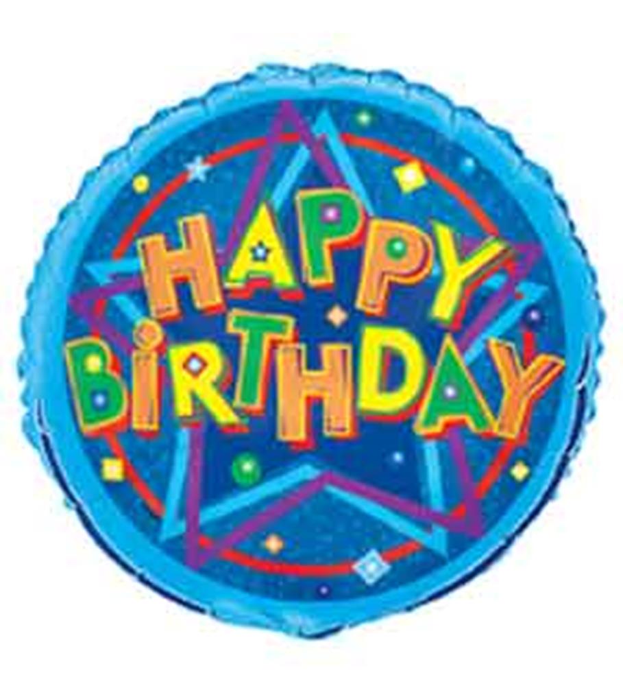 Round blue foil balloon with colorful "Happy Birthday" text and star design, 18 inches.