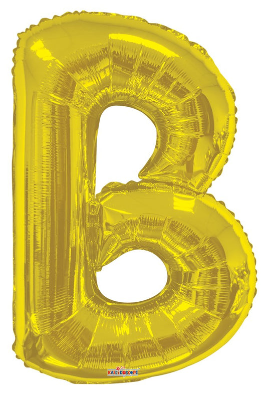 34-inch gold foil balloon shaped as the letter B with a shiny, reflective surface.