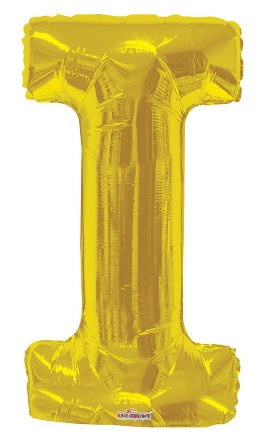 34-inch shiny gold foil balloon shaped as the letter I with a smooth surface and sealed edges.