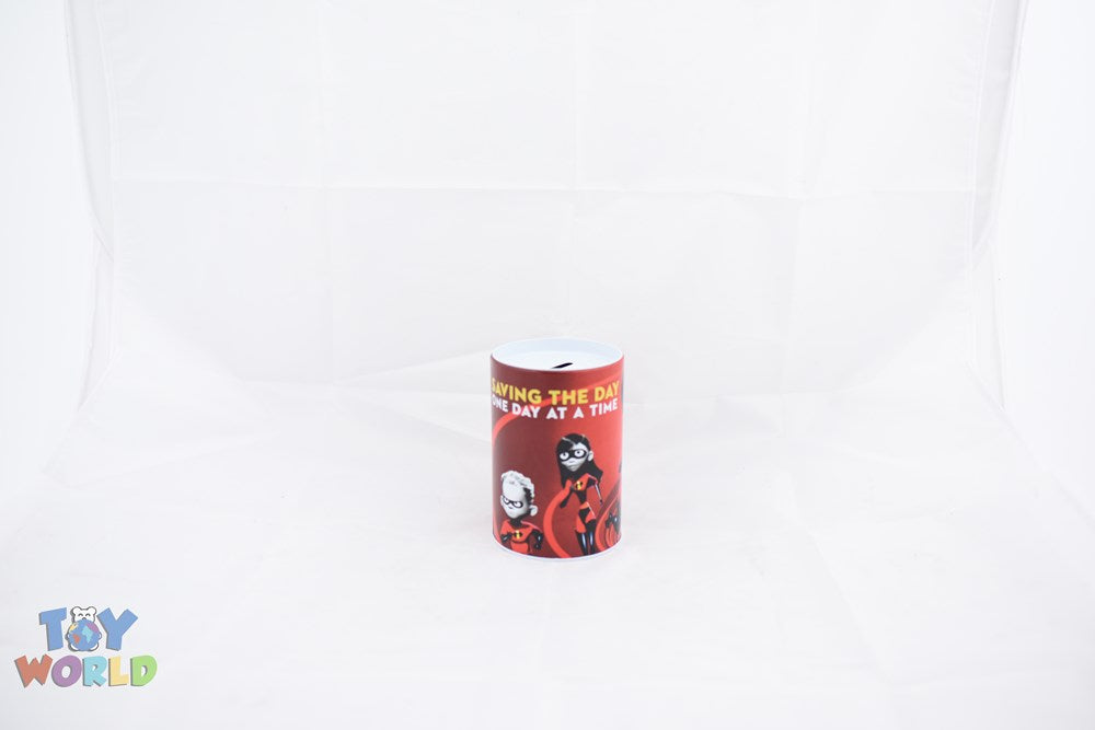 Red cylindrical Saving Bank featuring Deadpool character and comic-style graphics.