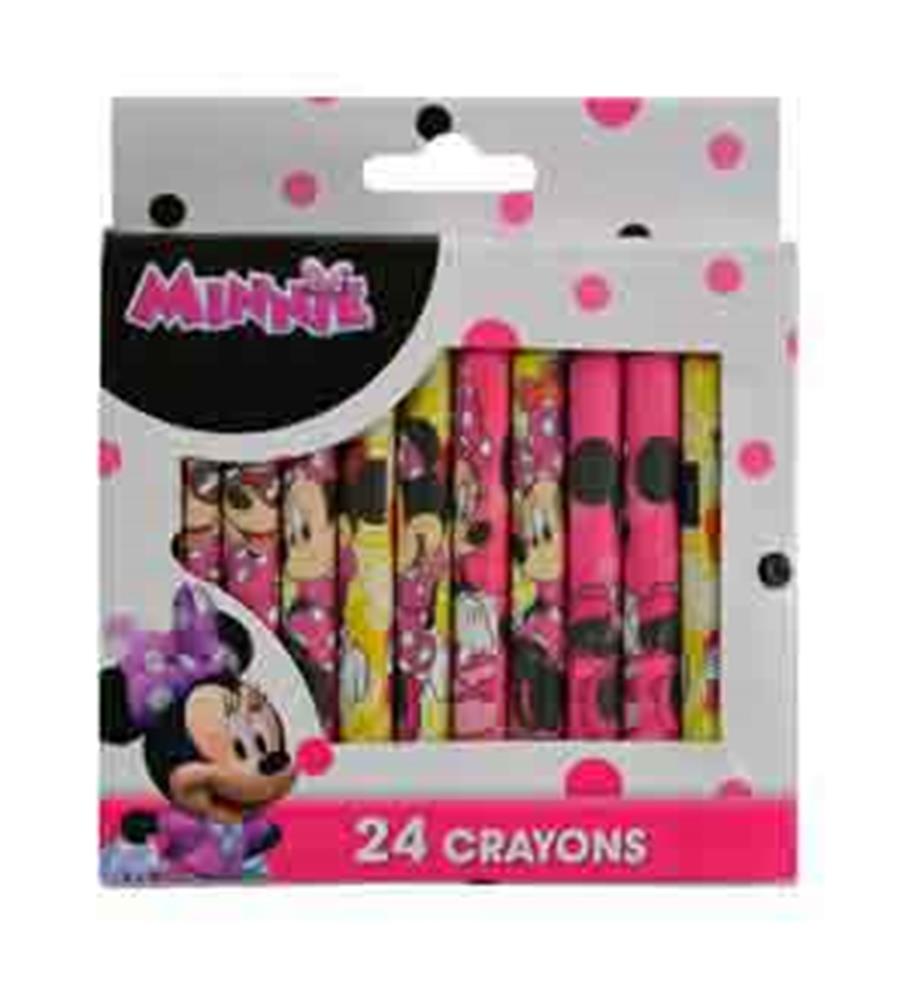 24-pack Minnie Mouse crayons in vibrant pink and purple packaging with Disney-themed designs.