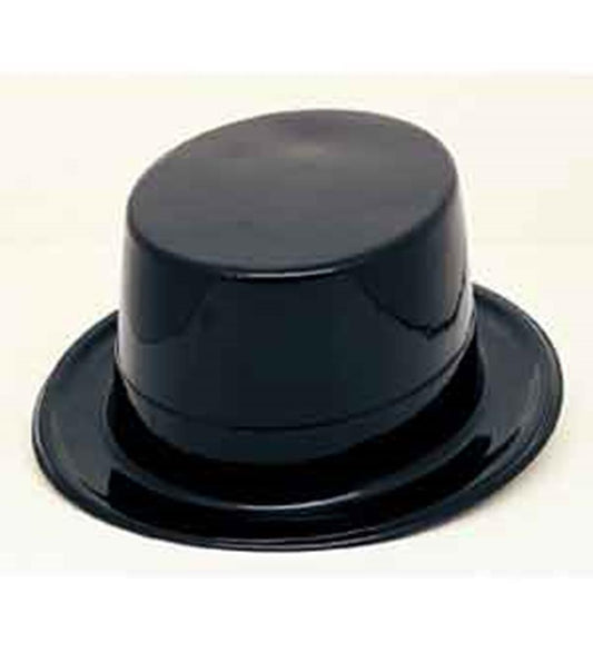 Black glossy plastic top hat with flat brim and rounded crown.