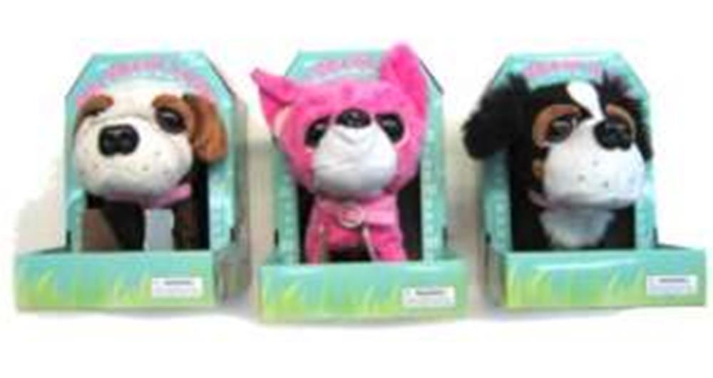Three plush dog toys with oversized heads in brown and white, pink, and black and white color variations, each in green.