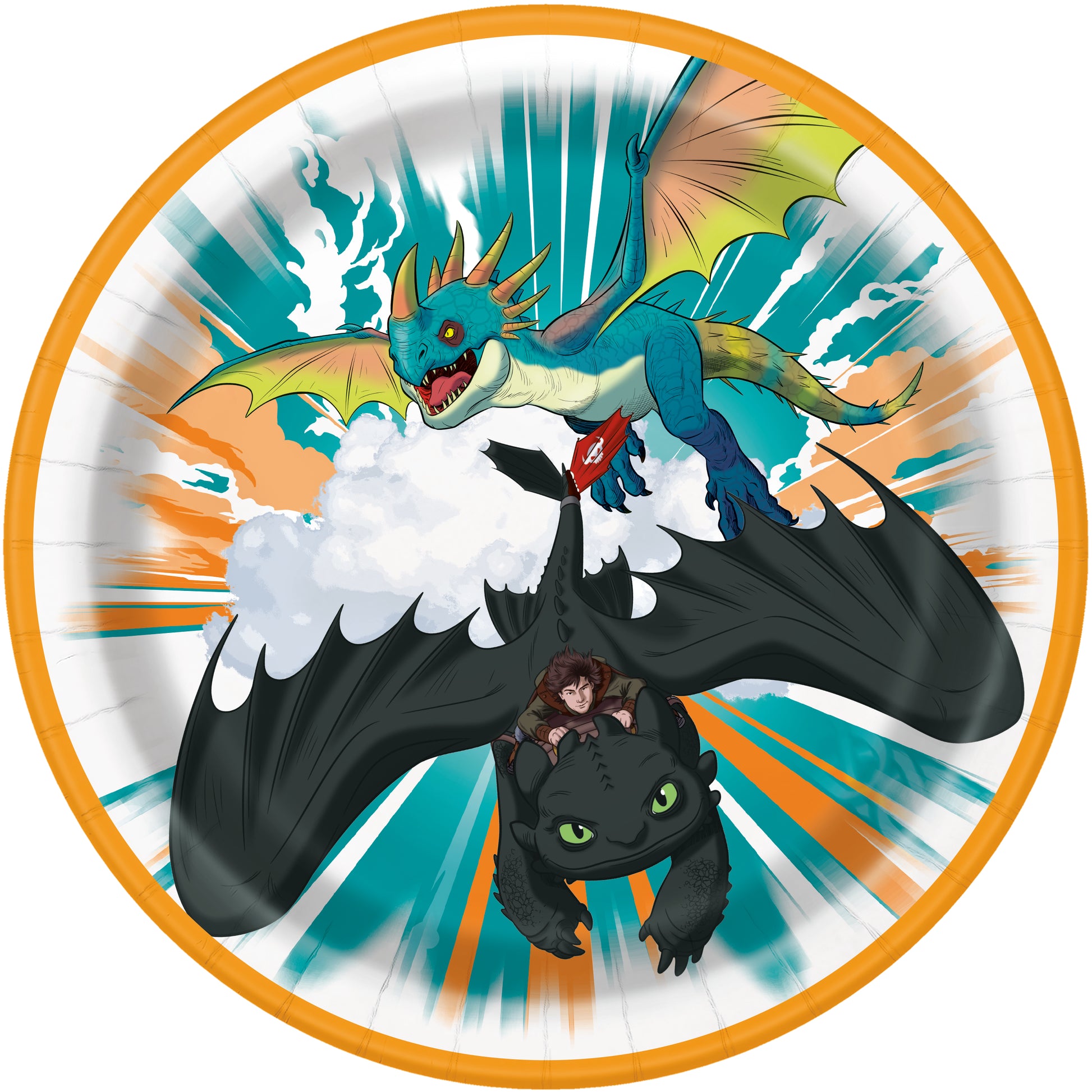 Illustration of a green dragon and a black dragon with a character on a white background with orange and green accents.