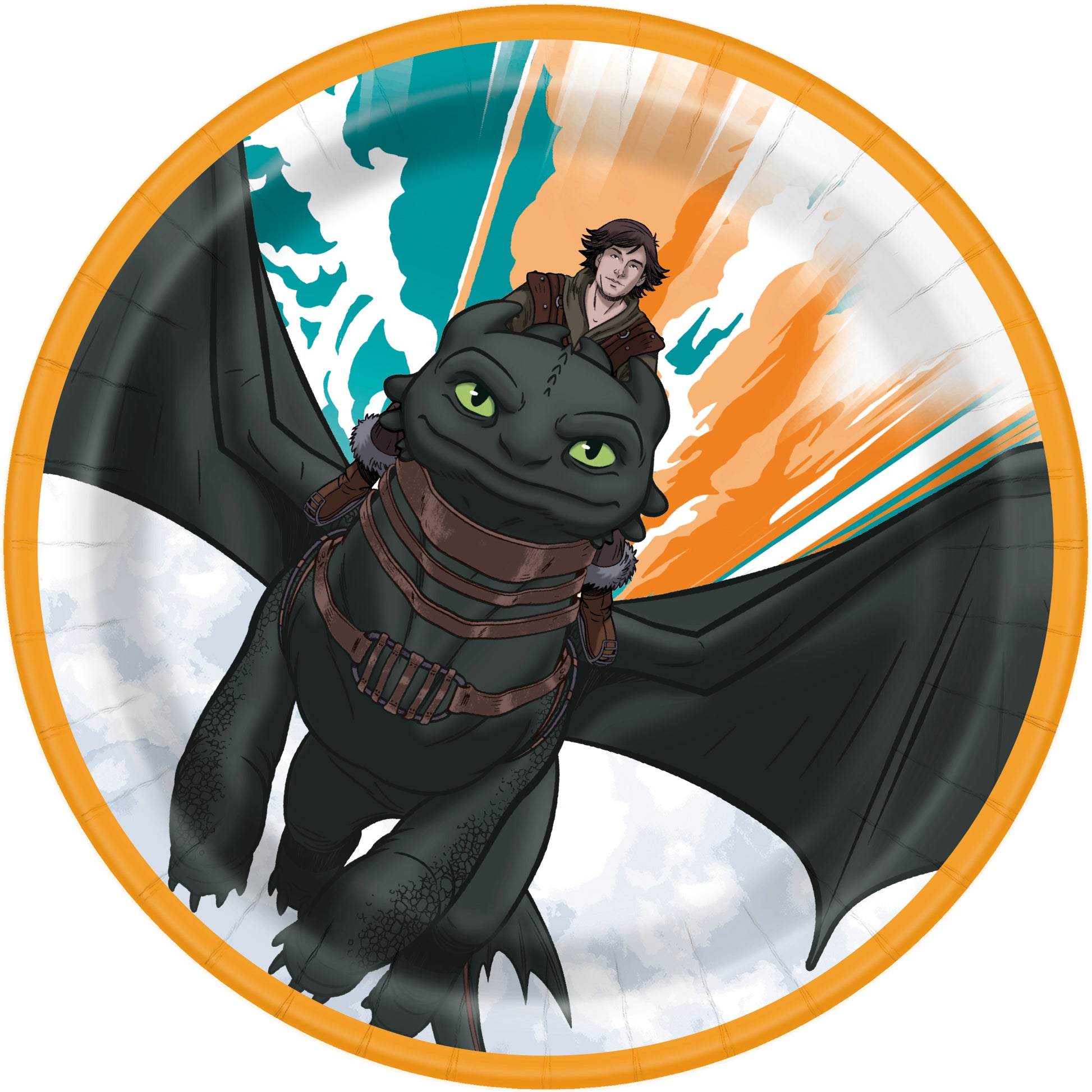 Round 7-inch paper plate with orange rim, featuring Toothless dragon and rider against blue and orange sky background.