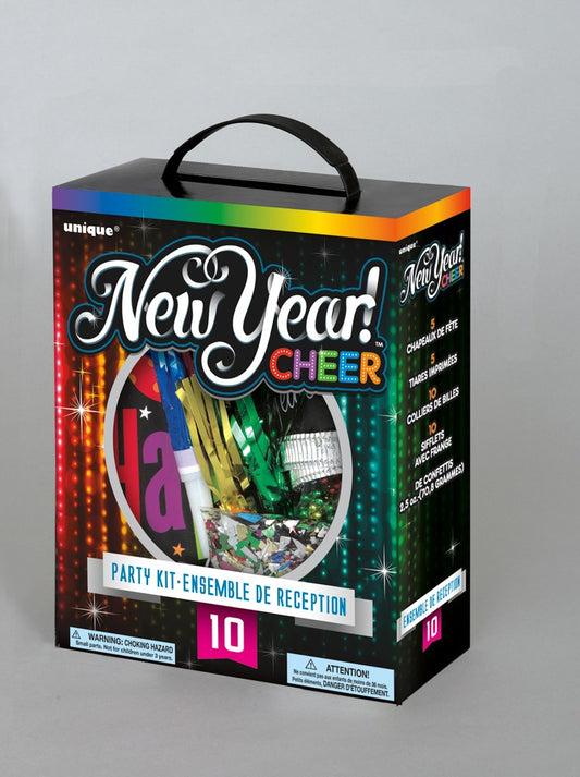 Black and colorful boxed New Year party kit with a handle, featuring confetti poppers and metallic noisemakers visible.