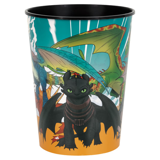 Colorful plastic cup featuring Toothless dragon from How To Train Your Dragon with a turquoise and orange background.