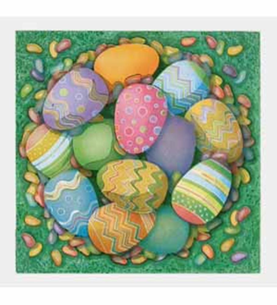Paper napkin with colorful Easter eggs in pastel shades and zigzag, dot, and stripe patterns on a green grass background.