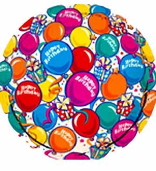 Round foil balloon with colorful birthday balloons and party gift illustrations on a white background.