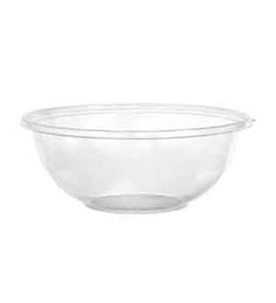 Clear round soft plastic bowl with smooth edges and wide open top, 160oz capacity.