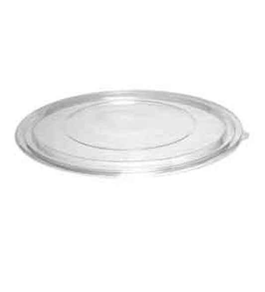 Clear round soft plastic bowl lid with a smooth, slightly raised center and flat edges.