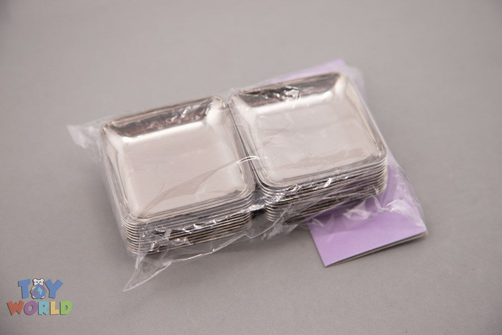 Two small square silver plates with a shiny finish, each measuring 2.5 inches, stacked and wrapped in clear plastic.