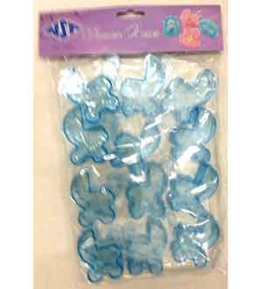 Set of six small translucent blue plastic baby carriage-shaped boxes with hinged lids in sealed packaging.