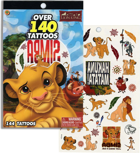 Lion King tattoo book featuring Simba on blue sky background, includes four sheets of colorful character and symbol tattoos.