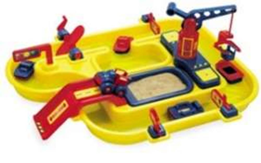 Bright yellow plastic water and sand play set with red and blue interactive elements including a ramp, crane, and spinning.