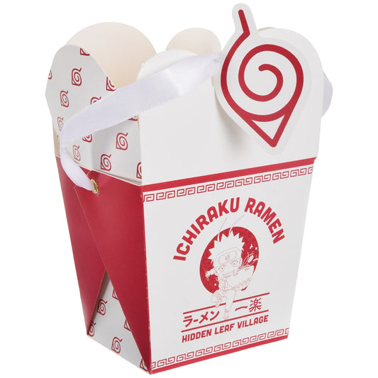 White and red paper takeout container with Naruto Hidden Leaf Village logo and Ichiraku Ramen text, foldable with handle.