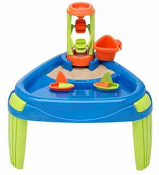 Blue triangular water play table with lime green legs, red and green water wheel, and two small colorful sailboats.