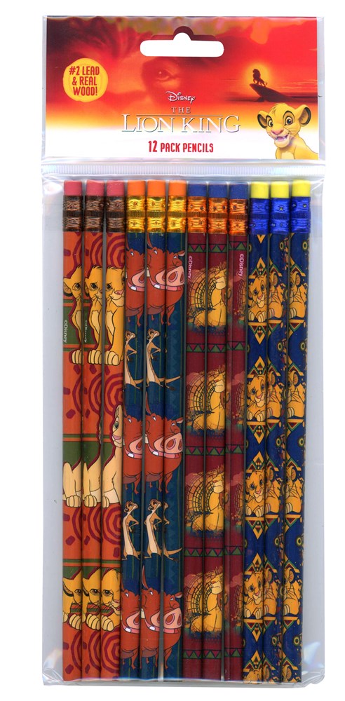 12-pack Lion King themed wooden pencils with character and animal prints in yellow, red, blue, and brown colors, packaged in