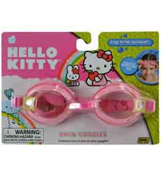 Pink Hello Kitty swim goggles with adjustable strap and character detail on lenses in retail packaging.