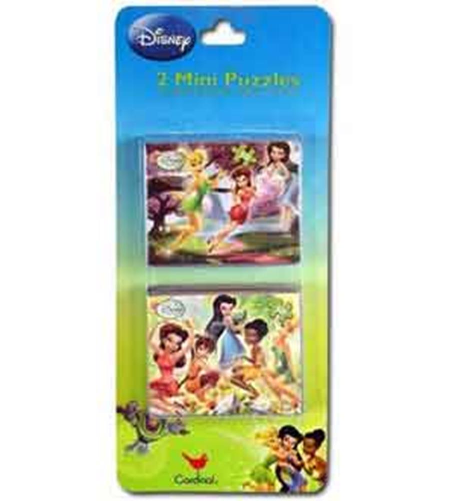 Two colorful mini puzzles featuring Tinkerbell and other Disney fairies in vibrant outdoor scenes on a rectangular card.