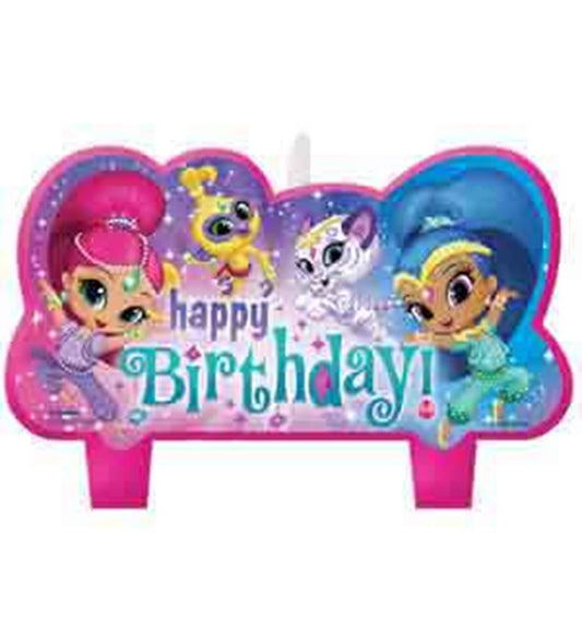 Shimmer and Shine birthday cake candle featuring characters and colorful "Happy Birthday" text.